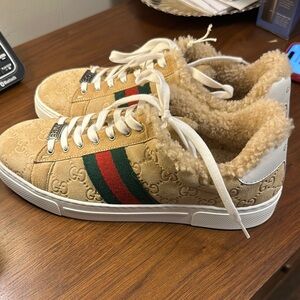 Gucci Ace GG Suede Shearling Low-Top Sneakers